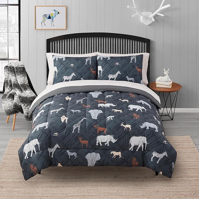 Kids Bedding Set Bed in a Bag for Boys and Girls Toddlers Printed Sheet Set and Comforter, Full, Safari