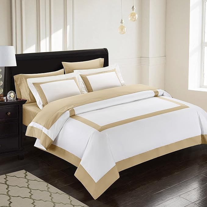 Casabolaj Bicolore Collection 3 Pieces Duvet Cover Set 100% Egyptian Cotton Sateen 400 Thread Count Classic Queen King-Frame Patchwork Manufacturing-White/Beige Color (Full)