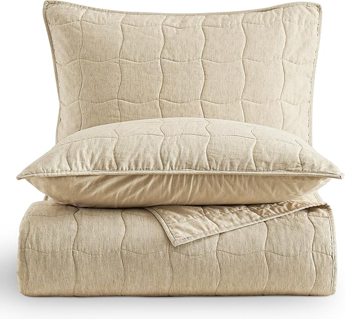 Wonderful Natural Linen Cotton Quilt Set Queen Size, 100% Cotton Back and Filling, 3 Piece Pre-Washed Beige Bedding Cover, Wavy Box Stitched Bedspread Coverlet Bedding Set All Seasons, 94"x94"