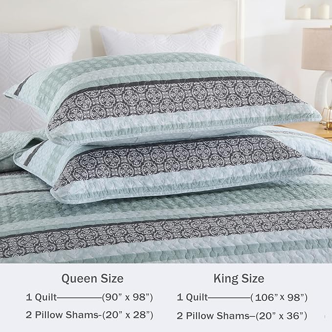 Homzard Quilts Queen Size,Cotton Queen Comforter Set,Mint Green Grey Bed Set,Striped Bedding,Lightweight Bedspreads All Season 3 Piece