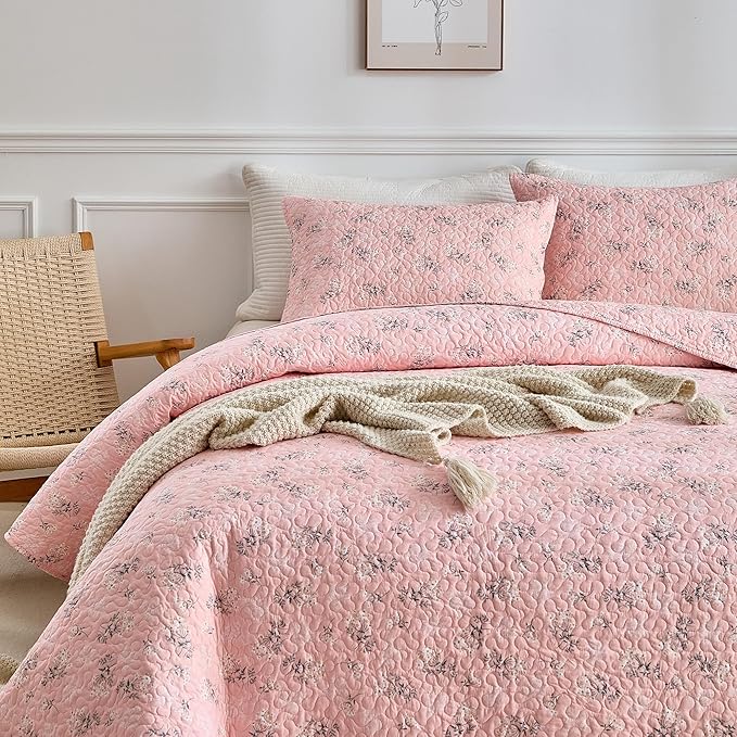 mixinni 3 Pieces Queen Size Comforter Set, Vibrant Colors Pink Floral Bedspread Coverlet Set, Summer Quilted Bed Set for All Season-(Includes 1 Quilt, 2 Pillow Shams)