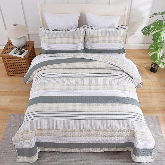 Homzard Twin Quilt, Cotton Comforter Set, Cream Grey Quilt Bedding,Reversible Lightweight Twin Bedspread,2 Pieces