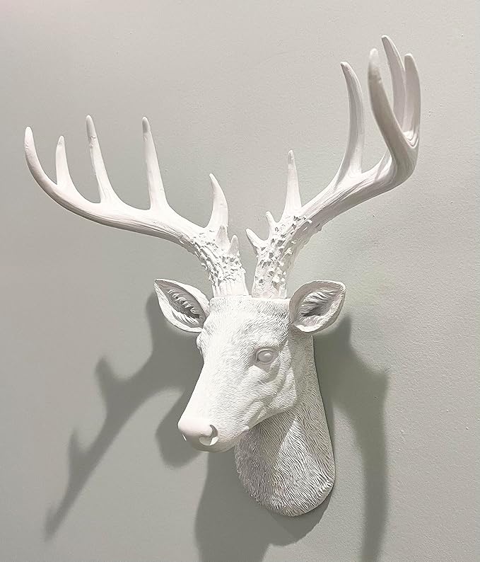 Top Brass 12 1/2" Faux White Deer Head/White Antlers Wall Decor - Modern Minimalism Taxidermy Art Sculpture