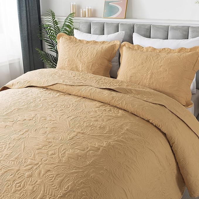 HoneiLife Queen Quilt Bedding Set - 3 Pieces Microfiber Quilt Sets Lightweight Bedspreads Reversible Coverlets Retro Bed Cover Paisley Pattern Bedding Set All Season Quilts-Yellow