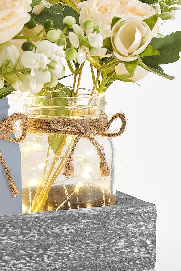 Mkono Mason Jar Lights Centerpiece Table Decor for Dining Room Farmhouse Wood Tray with 3 Jars Flowers Center Pieces Spring Decor for Coffee Table Kitchen Living Room, Grey Blue