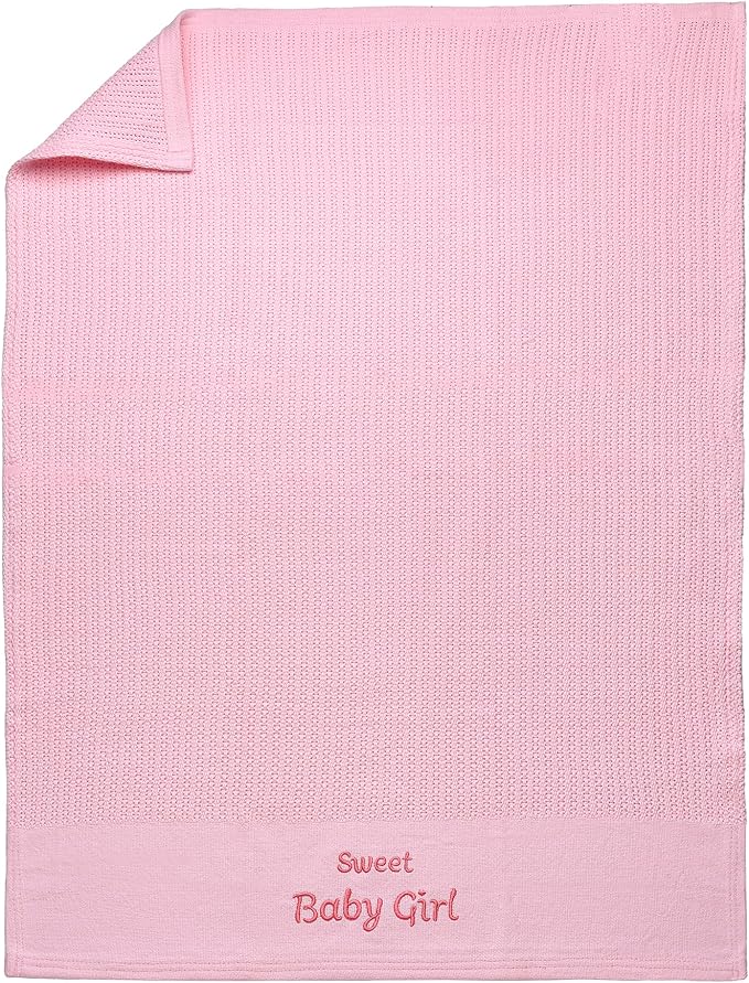 Cotton Knit Baby Blanket with Embroidery, Sweet Baby Girl, 30 in. x 40 in., Pink