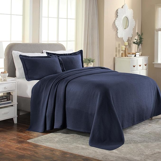Superior Solitaire Cotton 3 Piece Bedspread Set, Home Bed Decor, Decorative Textured Bed Spread, 2 Pillow Shams, Airy Blanket, Matelasse Coverlet Bedding, All-Season Accent Blanket, King, Navy Blue