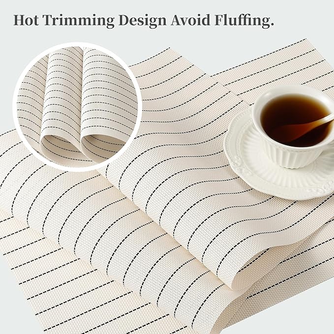 Leetaltree White with Black Stripes Placemats Set of 6 - Heat Resistant Non-Slip Place mats for Dining Table, Washable Durable PVC Vinyl Woven Table Mats(White Stripes, 6)