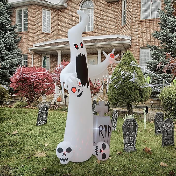 12 FT Halloween Inflatables Outdoor Halloween Blow Up Yard Decorations Horror White Ghost with 3 Skull Heads Bleeding Eyeball Tombstone Halloween Decorations Clearance for Party Yard Garden