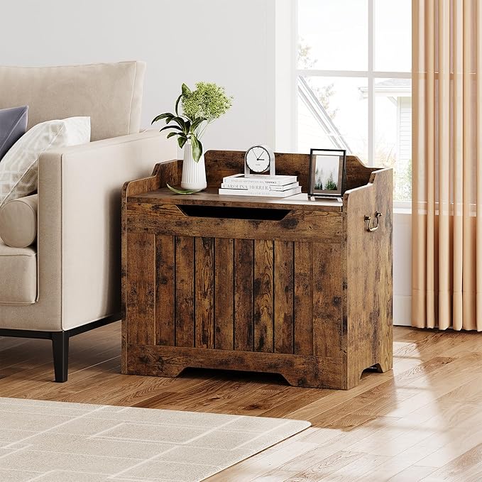 IDEALHOUSE Storage Chest, 24.8" Toy Chest for Boys Girls, Kids Wood Large Toy Box, Storage Bench with Safety Hinge,Storage Trunk for Entryway, Living Room, Bedroom, Playroom, Rustic Brown