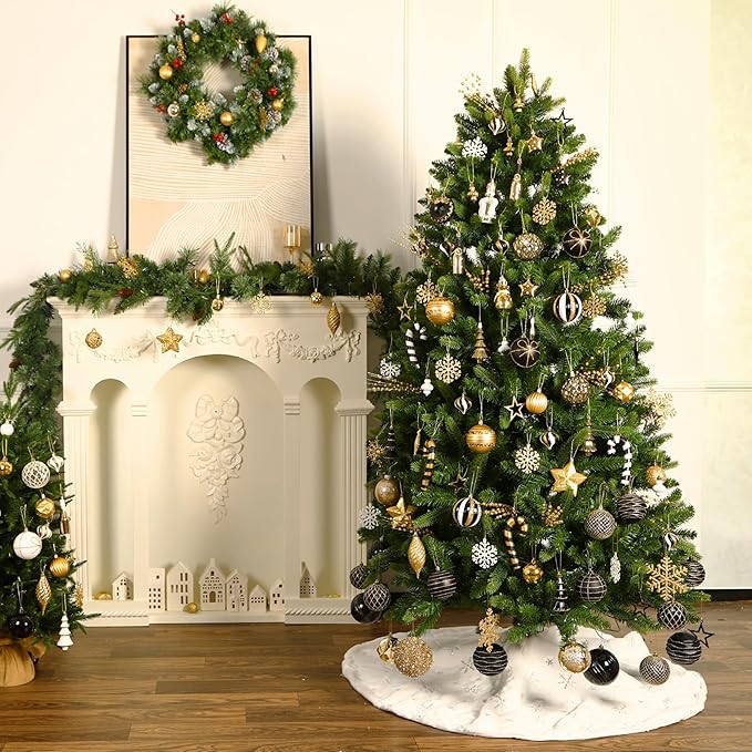 SHareconn 70pcs 2025 Classic Christmas Balls Ornaments Set, Shatterproof Plastic Baubles for Xmas Tree Holiday Wedding Party Decorations with Hanging Strings, Black, White and Gold