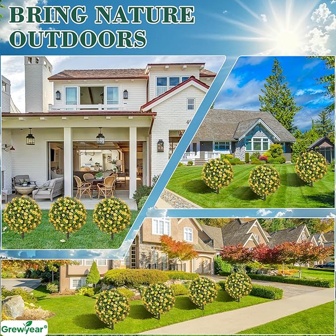 Artificial Topiary Ball Trees with Spike Set of 2, Fall Faux Boxwood Plants for Outdoor Planters, UV Resistant Artificial Outdoor Shrubs, Fake Bushes for Porch, Garden, Patio Decor