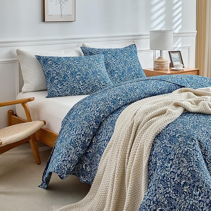 mixinni Navy Blue Quilt Set Queen Size, Garden Style Floral Bedding Set, 3-Piece Lightweight Quilted Bedspread Coverlet Set for All Season