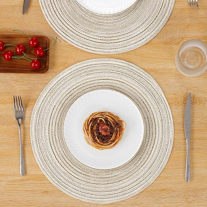 SHACOS Placemats Set of 8 Round Braided Place Mats 15 inch Washable Table Mats for Home Wedding Holiday Party (Ivory, 8)