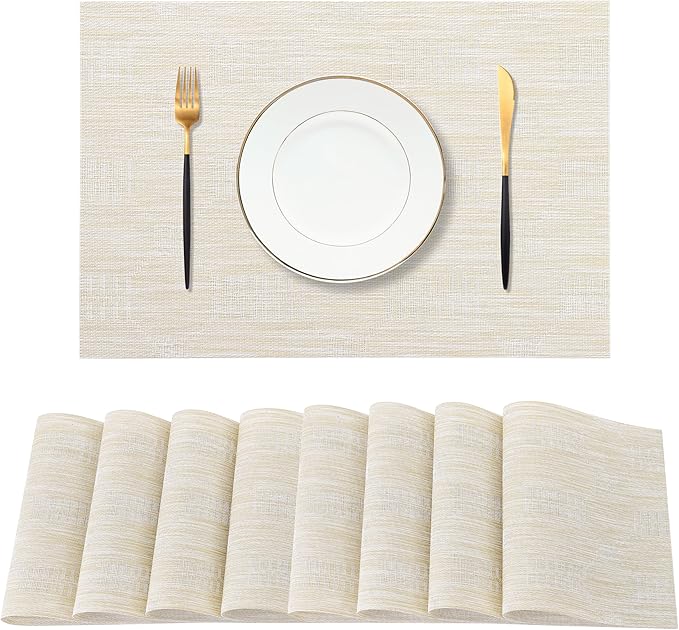 Leetaltree Wheat Placemats Set of 8 - Heat Resistant Non-Slip Place mats for Dining Table, Washable Durable PVC Vinyl Woven Table Mats(Wheat, 8)