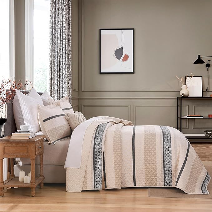Homzard Quilts Queen Size, Cotton Comforter Set, Beige and Grey Queen Bed Set, Lightweight Striped Bedding, Farmhouse Reversible Bedspread All Season 3 Pieces