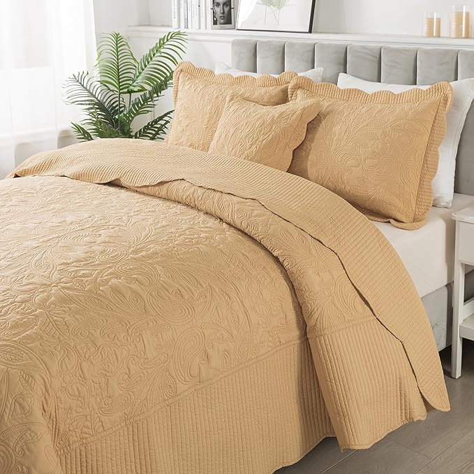HoneiLife California King Quilt 128x120 - Oversized King Bedspreads 4-Piece,Rustic Bedding Sets Quilted,Reversible Coverlets Lightweight Bed Cover for All Season Use-Yellow