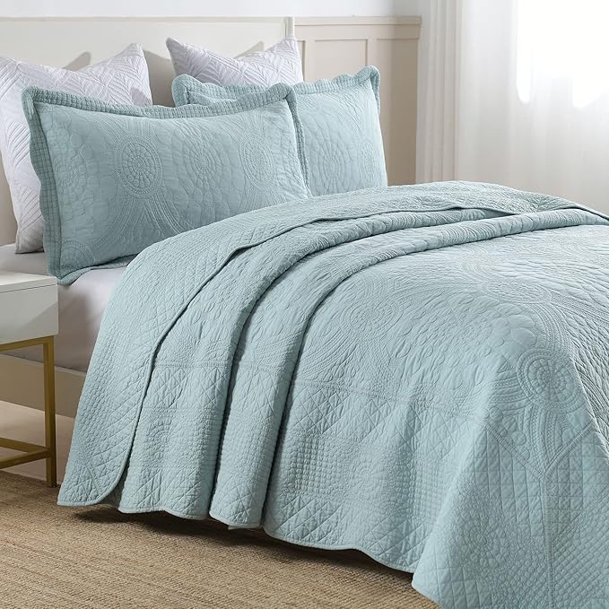 MarCielo 3-Piece 100% Cotton Oversized Bedspread Lightweight Quilt Coverlet Embroidery Farmhouse Bedding (Tf Aruba Blue, Oversized Queen (100"x106"))