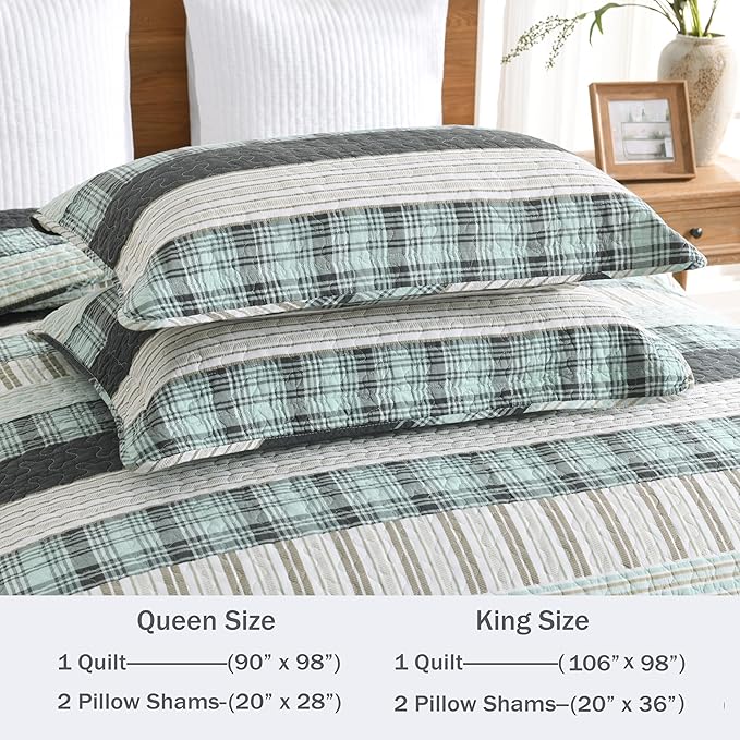 Homzard King Comforter,Cotton King Size Quilt,Teal Black White Bedding Set,Plaid Striped Bedspread,Lightweight Reversible Coverlet All Season 3 Pieces