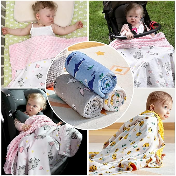 DaysU Silky Micro Soft Plush Baby Blankets Unisex with Print Animal Pattern and Soothing Raised Dots, Double Layer Bed Throws for Baby Crib, Bee, Yellow, 30x40 Inches