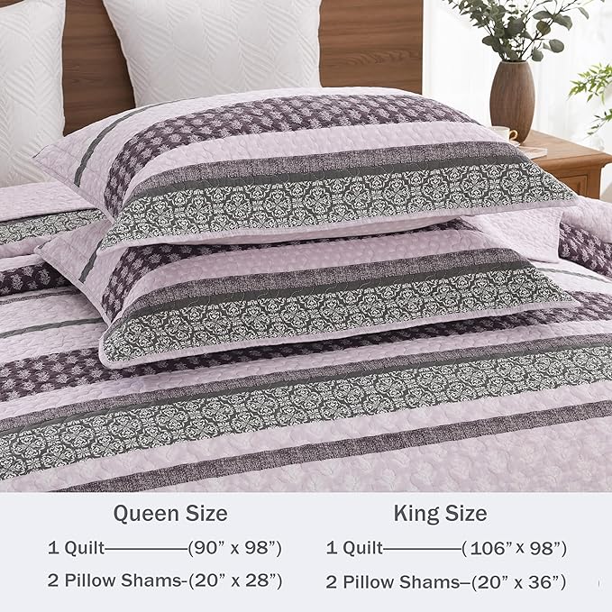 Homzard King Size Comforter Set, Cotton Quilt, Purple and Grey Bedding Set, Lightweight Striped Bedspread, Reversible Coverlet King Size (106"X98") with 2 Pillow Shams All Season