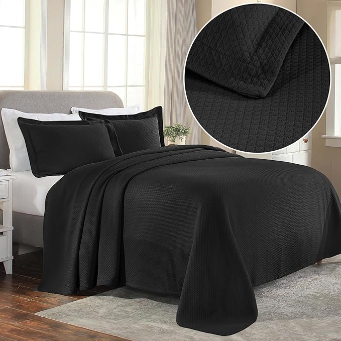 Superior Solitaire Cotton 3 Piece Bedspread Set, Home Bed Decor, Decorative Textured Bed Spread, 2 Pillow Shams, Airy Blanket, Matelasse Coverlet Bedding, All-Season Accent Blanket, Full, Black