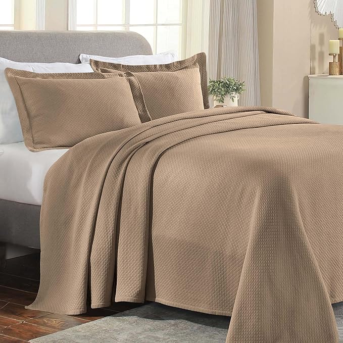 Superior Solitaire Cotton 3 Piece Bedspread Set, Home Bed Decor, Decorative Textured Bed Spread, 2 Pillow Shams, Airy Blanket, Matelasse Coverlet Bedding, All-Season Accent Blanket, Full, Taupe