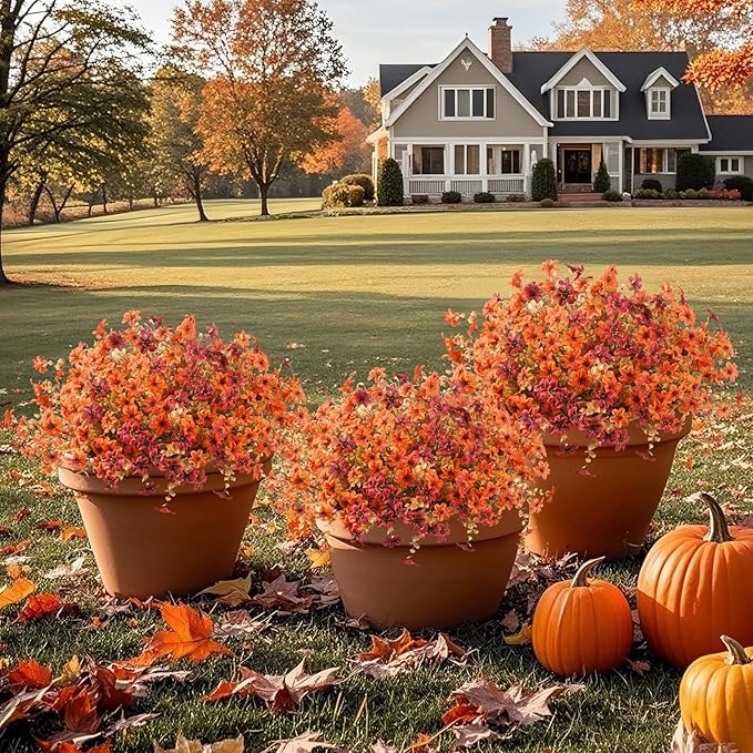 Artificial Mums Fake Fall Flowers for Outdoors Decoration, 12 Bundles Realistic Autumn Silk Daisy Faux Plants UV Resistant Decor for Home Garden Porch Patio Yard Balcony Window (Orange Brown)