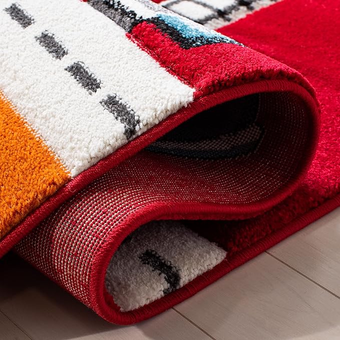 SAFAVIEH Carousel Kids Collection Area Rug - 5'3" Square, Red & Ivory, Non-Shedding & Easy Care, Ideal for High Traffic Areas for Boys & Girls in Playroom, Nursery, Bedroom (CRK192Q)