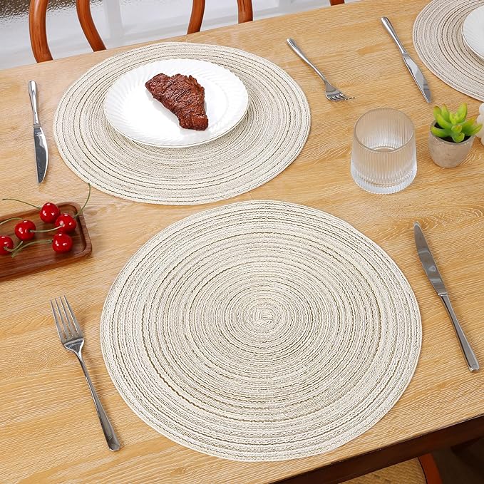SHACOS Placemats Set of 8 Round Braided Place Mats 15 inch Washable Table Mats for Home Wedding Holiday Party (Ivory, 8)