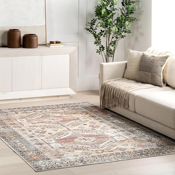 nuLOOM 6' x 9' SpinClean Machine Washable Stain-Resistant Area Rug with Non Slip Backing, Low Profile for Living Room, Bedroom, and Dining Room, Mae Peach