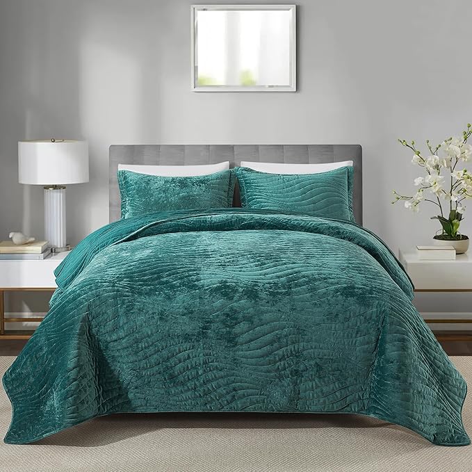 HoneiLife Queen Size Quilt Sets - Velvet Quilt for Queen Beds, Lightweight Bedspreads Solid Coverlets Queen Quilt Bedding Sets 3-Pieces, Blue-Green