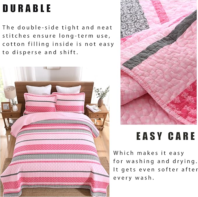 Homzard King Size Comforter Set, Cotton Quilt, Hot Pink Grey Bedding Set,Lightweight Striped Bedspread, Reversible Coverlet King Size (106"X98") with 2 Pillow Shams All Season
