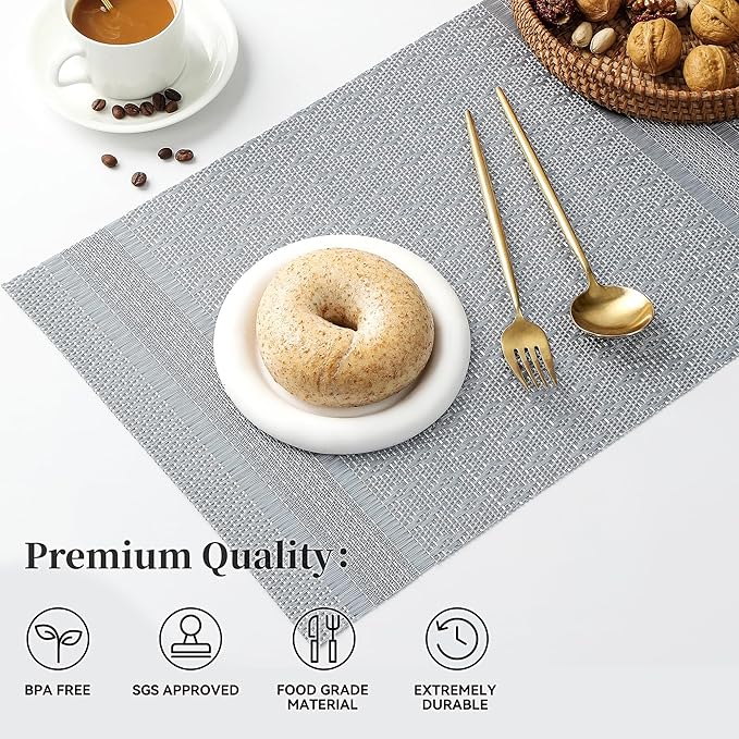 Leetaltree Lunar Grey Placemats Set of 12 - Heat Resistant Non-Slip Place mats for Dining Table, Washable Durable PVC Vinyl Woven Table Mats(Lunar Grey, 12)