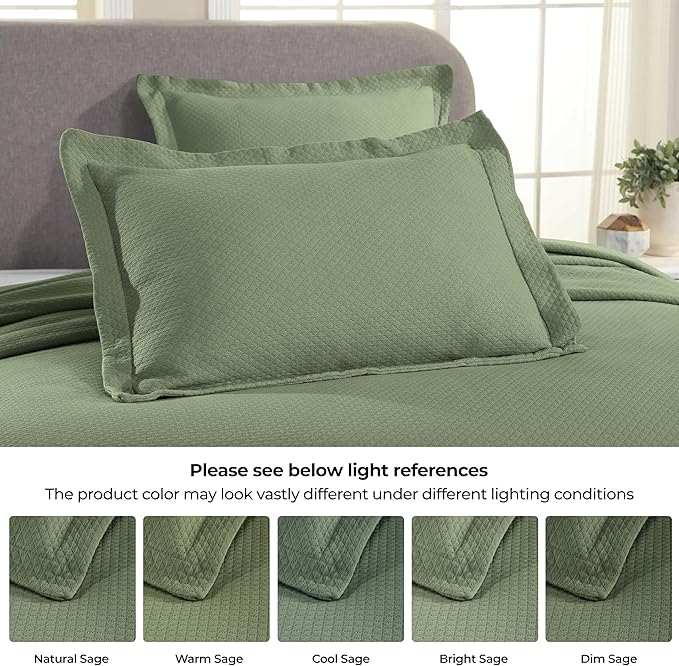Superior Solitaire Cotton 3 Piece Bedspread Set, Home Bed Decor, Decorative Textured Bed Spread, 2 Pillow Shams, Airy Blanket, Matelasse Coverlet Bedding, All-Season Accent Blanket, King, Sage