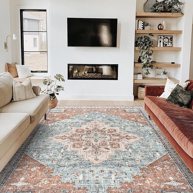 Living Room Area Rugs 8x10 Machine Washable Mid Century Modern Boho Extra Large Indoor 70s Vintage Eclectic Colorful Bohemian Rug for Bedroom,Terracotta Rust Burnt Orange and Turquoise Blue