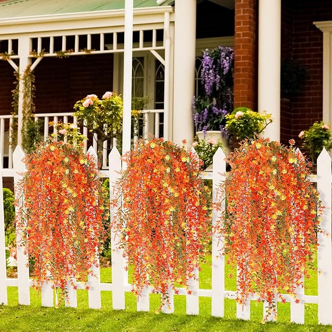 6 Pcs Artificial Fall Hanging Flowers Outdoor Silk Mum Plants Autumn Decor Faux Violet with Eucalyptus Realistic UV Resistant Trailing Vine Thanksgiving Porch Yard(Vivid Color,Eucalyptus)