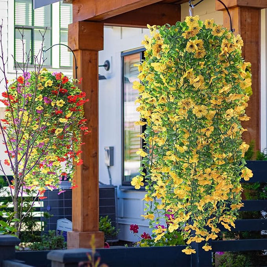 6 Pcs Artificial Fall Hanging Flowers Outdoor Silk Mum Plants Autumn Decor Faux Violet with Eucalyptus Realistic UV Resistant Trailing Vine Thanksgiving Porch Yard(Classic Color,Violet)