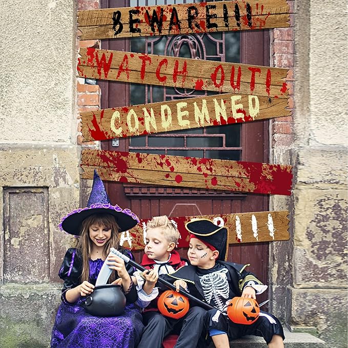 10pcs 39"x4.7" Halloween Haunted Window Boards, Beware Signs Window Warning Signs,Waterproof Outdoor Scary Sign for Halloween Party Decoration (10pcs window boards)