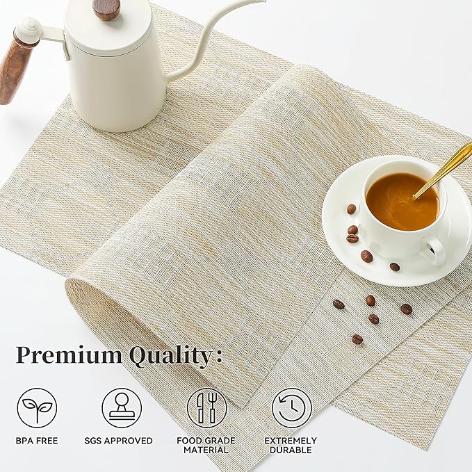 Leetaltree Wheat Placemats Set of 8 - Heat Resistant Non-Slip Place mats for Dining Table, Washable Durable PVC Vinyl Woven Table Mats(Wheat, 8)