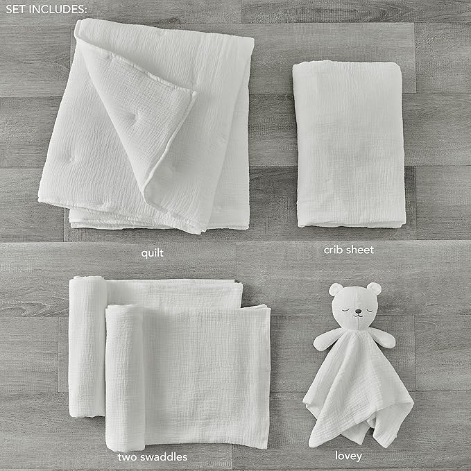 Levtex Baby - Cloud Muslin Crib Bed Set - Baby Nursery Set - White Stars - Textured Muslin - 5 Piece Set Includes Quilt, Fitted Sheet, Two Swaddles & Bear Lovey