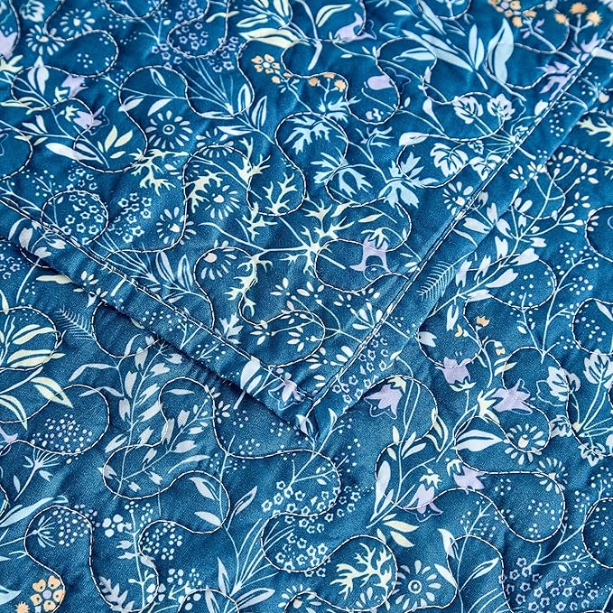 mixinni Navy Blue Quilt Set King Size, Garden Style Floral Bedding Set, 3-Piece Lightweight Quilted Bedspread Coverlet Set for All Season