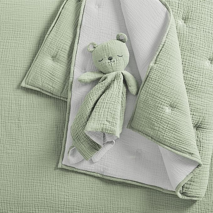 Levtex Baby - Cloud Muslin Crib Bed Set - Baby Nursery Set - Sage and White Stars - Sage Textured Muslin - 5 Piece Set Includes Quilt, Fitted Sheet, Two Swaddles & Bear Lovey