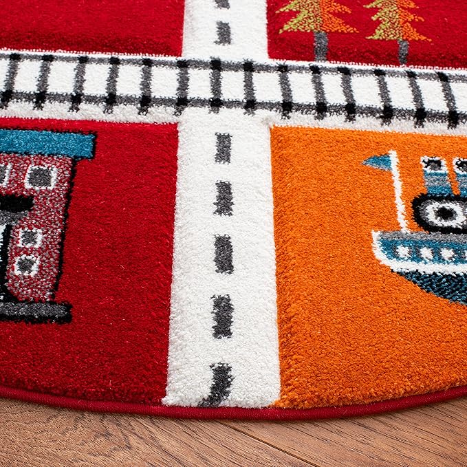 SAFAVIEH Carousel Kids Collection Area Rug - 5'3" Round, Red & Ivory, Neighborhood Design, Non-Shedding & Easy Care, Ideal for High Traffic Areas for Boys & Girls in Playroom, Bedroom (CRK192Q)