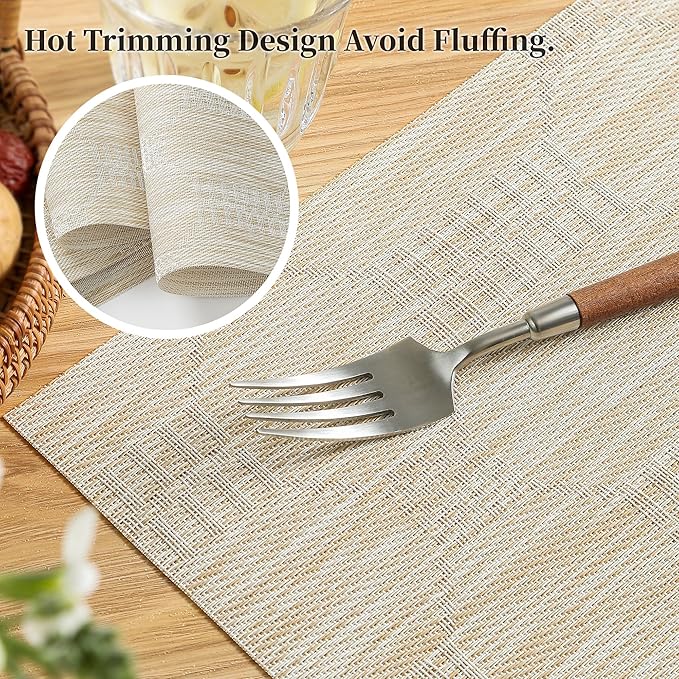 Leetaltree Wheat Placemats Set of 8 - Heat Resistant Non-Slip Place mats for Dining Table, Washable Durable PVC Vinyl Woven Table Mats(Wheat, 8)