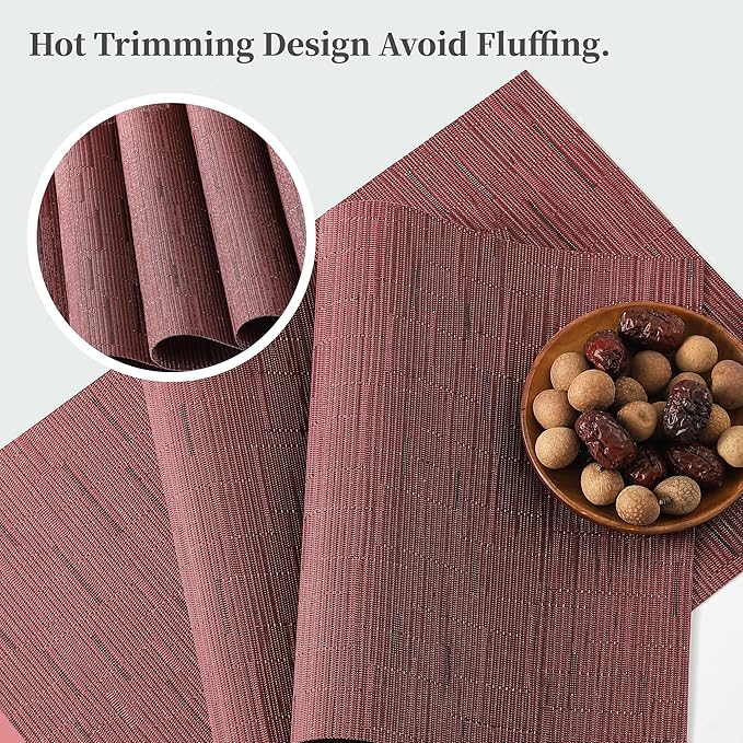 Leetaltree Burgundy Placemats Set of 12 - Heat Resistant Non-Slip Place mats for Dining Table, Washable Durable PVC Vinyl Woven Table Mats(Burgundy, 12)