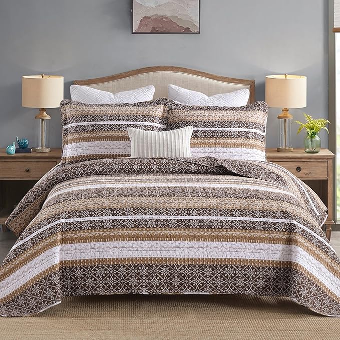 Homzard Brown Quilts Queen Size,Boho Cotton Comforter Set Queen Size,Brown White Snowflake Striped Quilted Bedspread Set,Bohemian Lightweight Comforter Bedding with 2 Pillow Shams