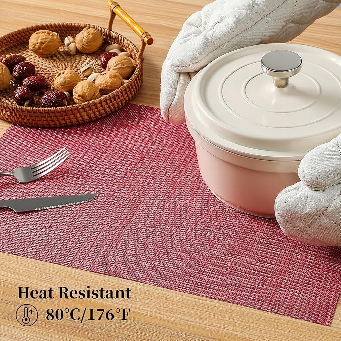 Leetaltree Red Placemats Set of 4 - Heat Resistant Non-Slip Place mats for Dining Table, Washable Durable PVC Vinyl Woven Table Mats(Red, 4)