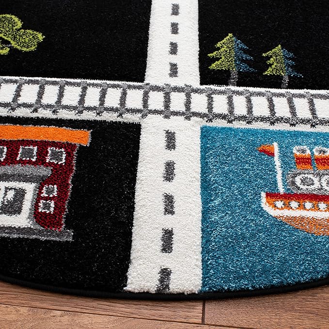 SAFAVIEH Carousel Kids Collection 5'3" Round Black/Ivory CRK192Z Neighborhood Non-Shedding Playroom Nursery Bedroom Area Rug