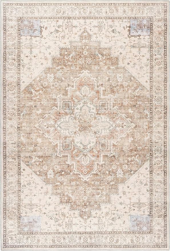 Boho Farmhouse Bedroom Rug Washable Easy Clean Stain Resistant Vintage Country Rustic Neutral Persian Area Rug for Dining Room Under Table,Light Tan Brown Beig with Terracotta Pattern,5x8